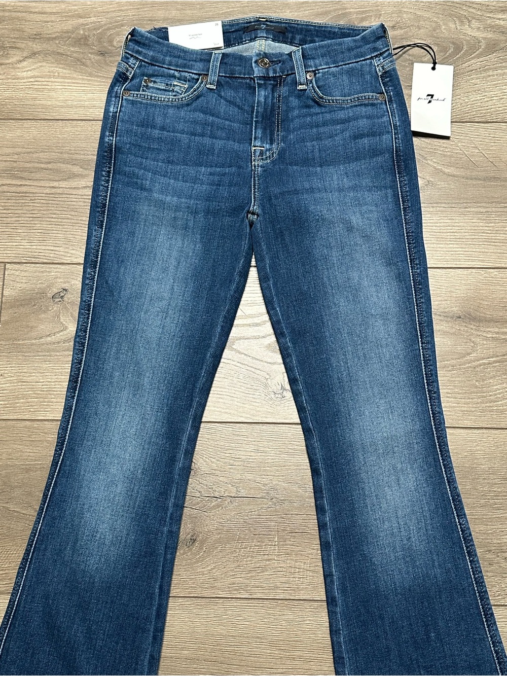 7 For All Mankind 33.5” A Pocket Flare Mid Rise Stretch Blue Jeans Size 26 - Picture 2 of 12